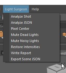 Light Surgeon Maya menu — Analyze, Mute Dead/Noisy, Write Report